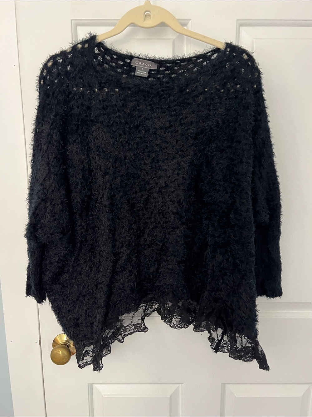 Gracia Women's Black Fuzzy Lace-Hem Sweater